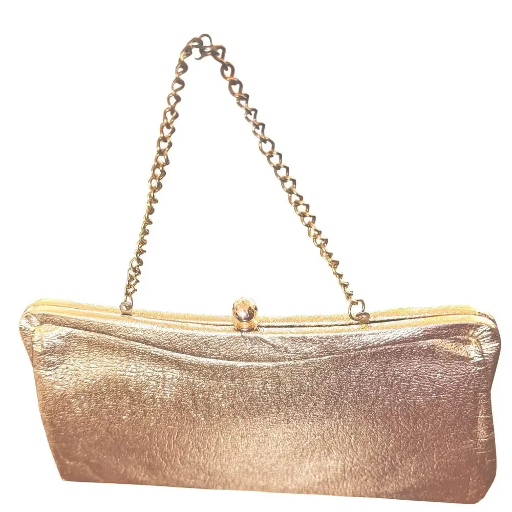 Vintage 1960's Gold Crinkle Metallic‎ Clutch Convertible Evening Handbag